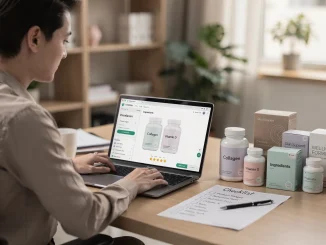 Verifica di schede prodotto di integratori beauty e wellness su laptop con confezioni sul tavolo