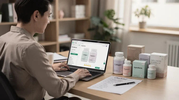 Verifica di schede prodotto di integratori beauty e wellness su laptop con confezioni sul tavolo