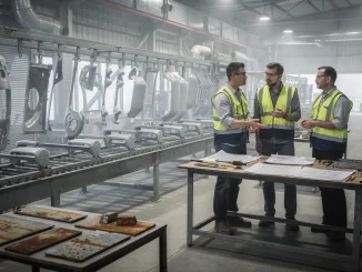 Reparto industriale per rivestimenti anticorrosivi a polvere con manufatti metallici appesi e tecnici che discutono specifiche