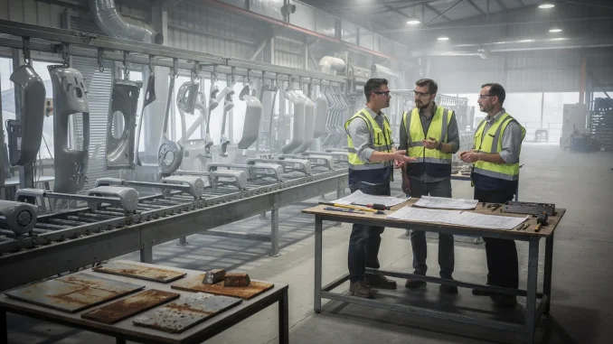 Reparto industriale per rivestimenti anticorrosivi a polvere con manufatti metallici appesi e tecnici che discutono specifiche