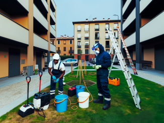 Squadra di giardinieri al lavoro in un cortile condominiale di Milano con dispositivi di protezione e attrezzature per la manutenzione del verde