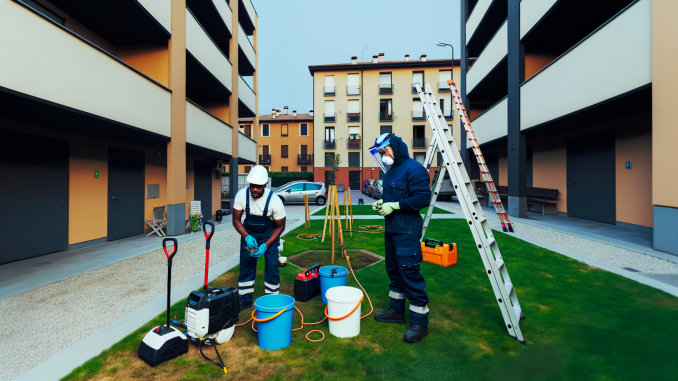 Squadra di giardinieri al lavoro in un cortile condominiale di Milano con dispositivi di protezione e attrezzature per la manutenzione del verde